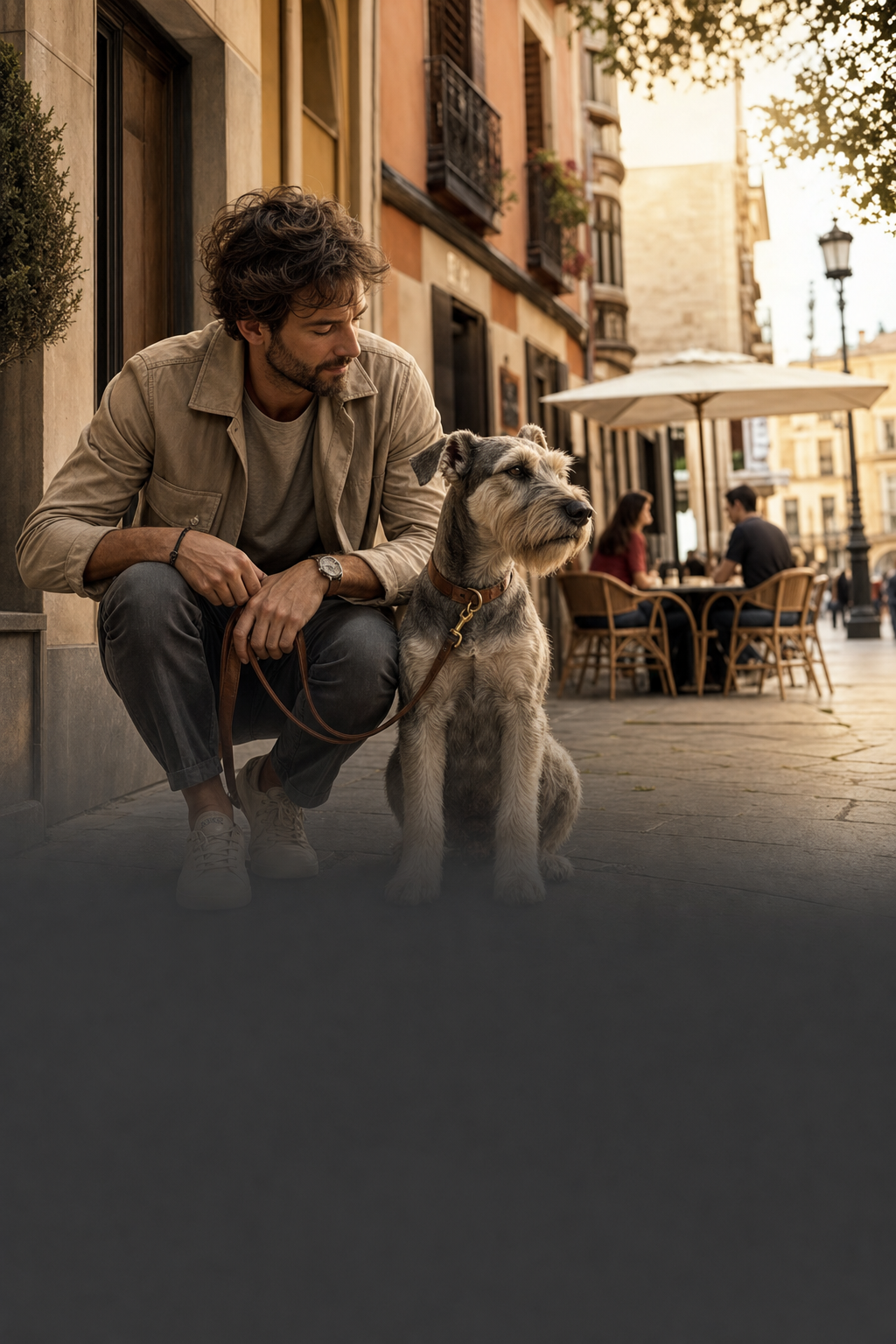 Tutor urbano y perro compartiendo una pausa de confianza en una calle española